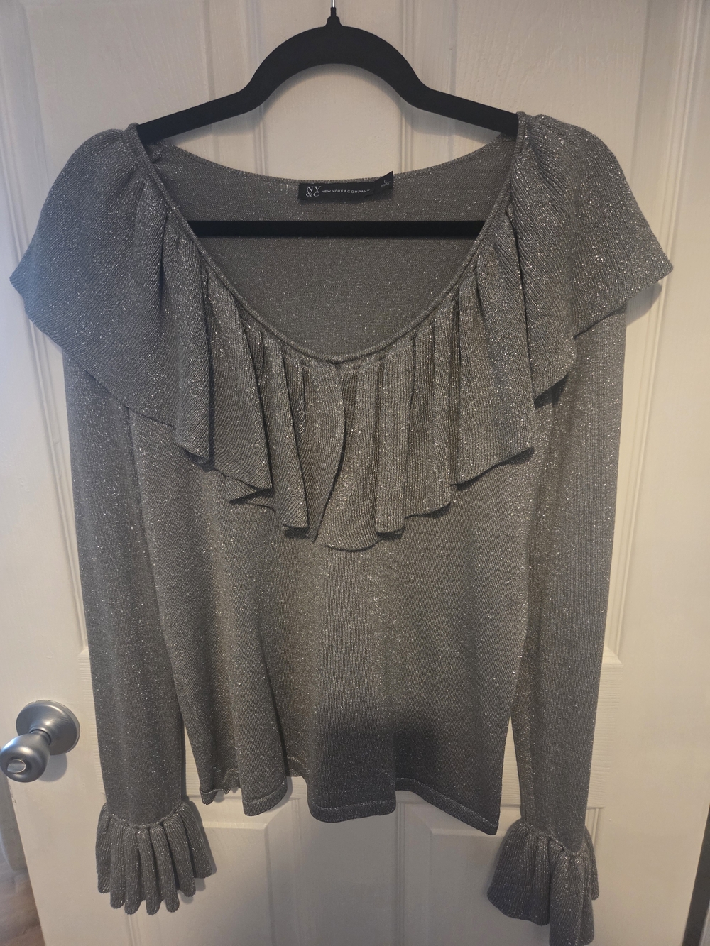 NY Collection Silver Shimmer Ruffle Long-Sleeve Sweater